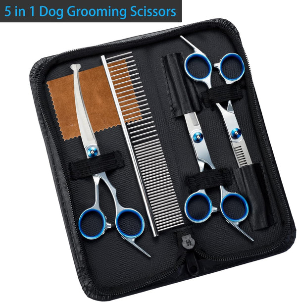5 in 1 Premium Dog Grooming Scissors, Professional Dog Scissors for Grooming with Safety round Tips, Lengnoyp Stainless Steel Thinning Shears, Pet Cat Shears for Grooming Kit2