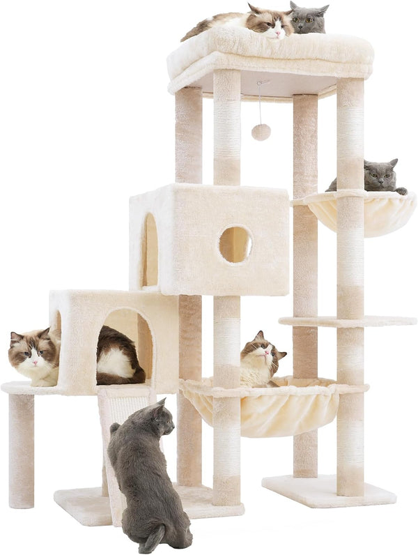 Hey-Brother Cat Tree Tower with 3 Condos, Step Climbing Pathway MPJ081G | 74.8 Inches Scratching Post with 3 House, Hammock, Large Basket, Cozy Bed, Sisal Board, Toys for Big Indoor Cats, Smoky Gray10