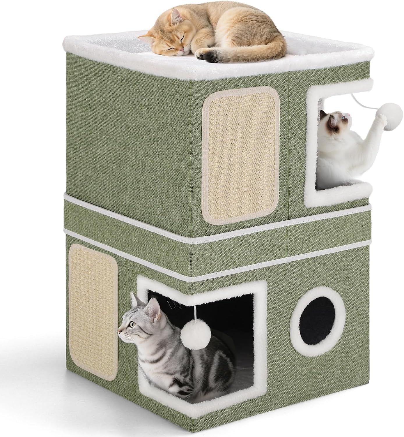 shikha-cat-house-bed-for-indoor-cats-with-fluffy-ball-and-scratch-pad-grey-foldable-large-cat-cave-hideaway-with-cozy-condo-hide-and-seek-window-holds-up-to-30lbs-all-season-reversible-cushion