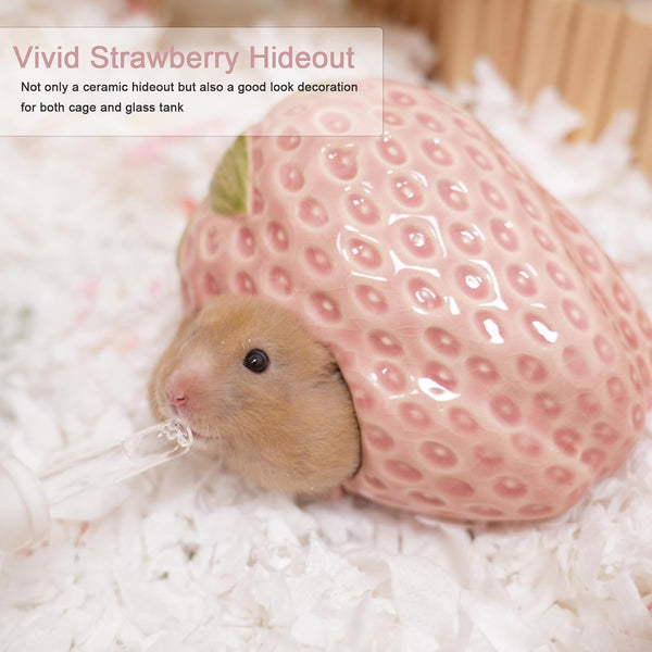 Ceramic Hamster Hideout Strawberry Chew Proof Syrian Hide Cool Bed | Easy to Clean Durable Ceramic Guinea Pig House, Good Hiding Hut Cave for Gerbil, Mice, Rat All Season，Cute Pink Habitat Decor5