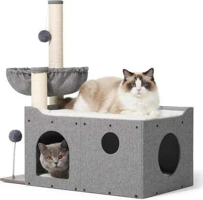 Veehoo Extra Large Cat House Bed for Indoor Cats, 29X16X31.9 Sturdy Condo | Cat Hideaway with Scratching Post, Foldable Cube with Hammock, Cave with 2 Plush Interactive Balls for Multiple Cats, Gray1