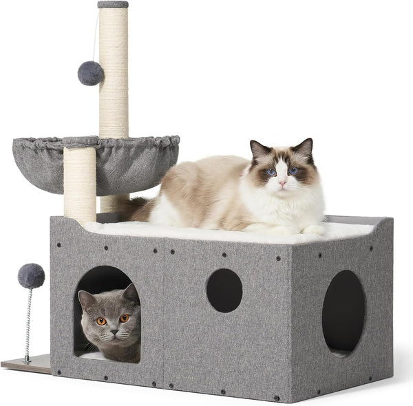 Veehoo Extra Large Cat House Bed for Indoor Cats, 29X16X31.9 Sturdy Condo | Cat Hideaway with Scratching Post, Foldable Cube with Hammock, Cave with 2 Plush Interactive Balls for Multiple Cats, Gray1