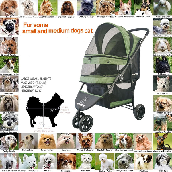 ROODO 3 Wheel Pet Stroller Best Lightweight Foldable Compact Portable Jogger All Terrain Travel Pet Gear Puppy Kitty Stroller for up to 30Lbs Medium Small Dogs and Cats(Green)6