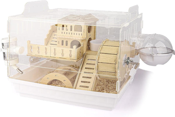 Cycodo 8 in 1 Acrylic Hamster Cage,2-Tier Dwarf Hamster Cage with Wooden Wheel & Hideout,Small Hamster Habitat with Accessories,Clear Pet Mice House(Green,14" L*10" W*11" H)8