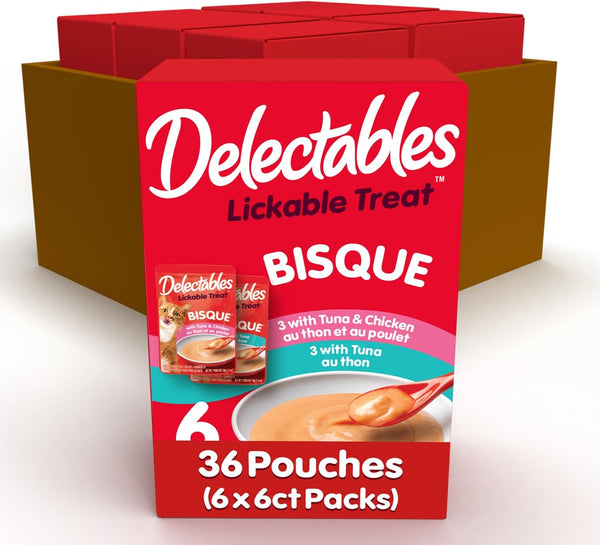 Delectables Lickable Treat Bisque Wet Cat Treat with Real Tuna & Salmon, Food Topper, Hydrating, Grain-Free, No Fillers, No By-Products, No Added Preservatives, 1.4Oz Pouch, 12Ct14