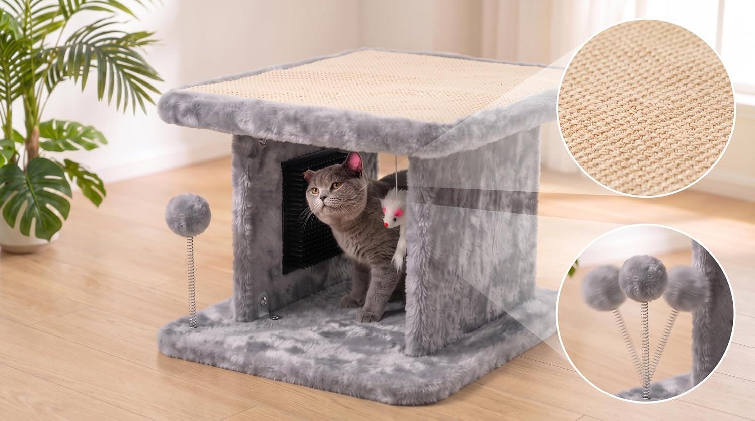 large-cat-bed-with-scratching-post-and-combing-board-sturdy-and-durable-ideal-for-small-breeds-large-plush-cat-tunnel-with-a-removable-sisal-scratch-pad-grooming-brush-hanging-toys-and-spacious-hideaway-for-cats