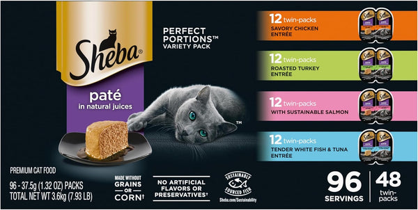 Sheba Perfect Portions Pate Wet Cat Food, Seafood Variety, 2.6 Oz, 24 Ct | Grain-Free, Made in USA, Sustainable Salmon, Signature Seafood & Whitefish Tuna, No Artificial Flavors, Twin-Pack Trays12