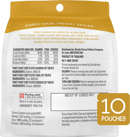 Fancy Feast Purina Chef’S Cuts Variety Pack Cooked Cat Treats with Real Chicken, Hand-Flaked Salmon and Hand-Flaked Tuna, 10 Count Pouch10