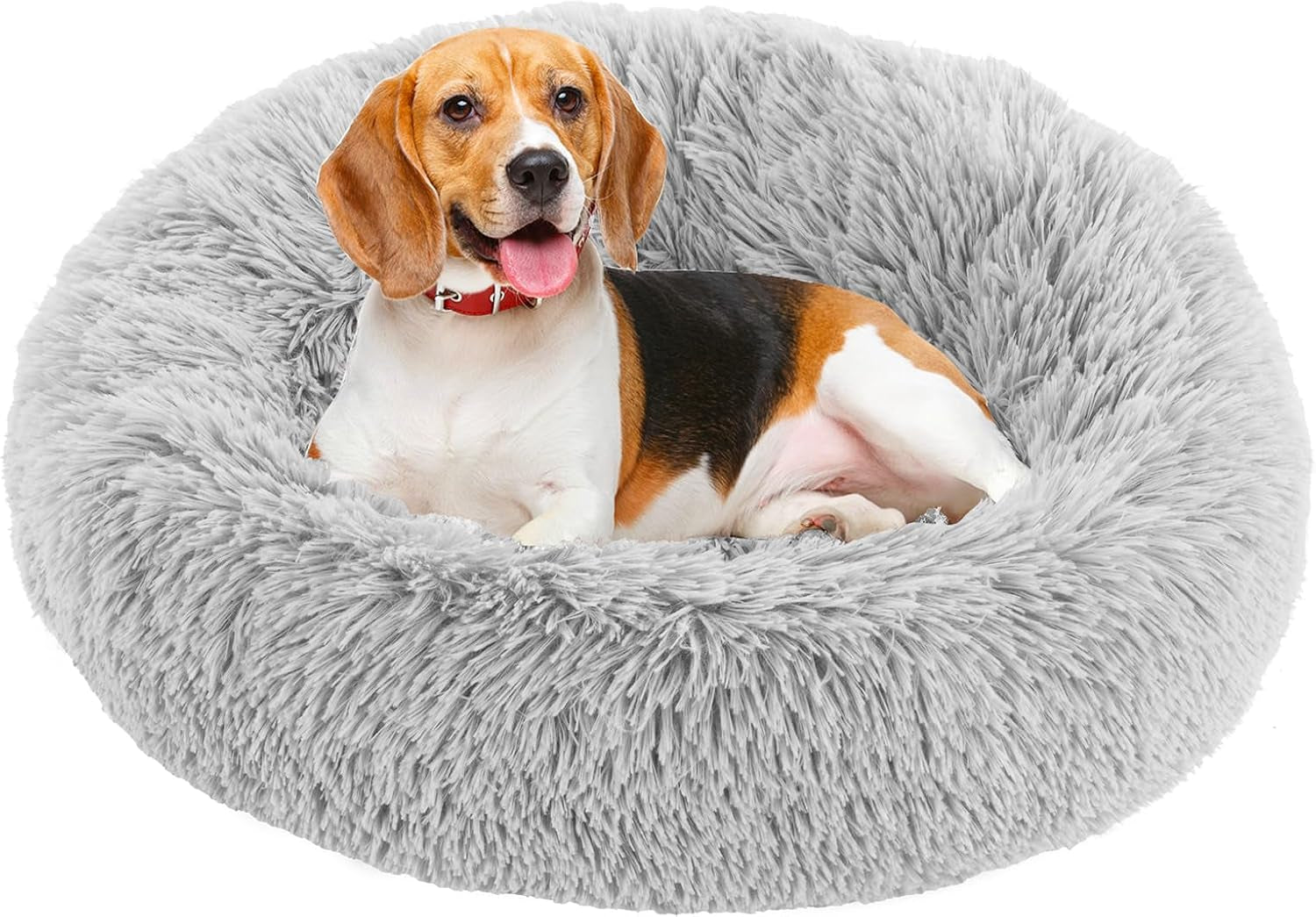 dumos-30-7-inch-donut-dog-bed-faux-fur-plush-grey-machine-washable-cuddler-warming-cozy-fluffy-faux-fur-plush-round-pet-bed-anti-slip-bed-for-indoor-dogs-and-cats