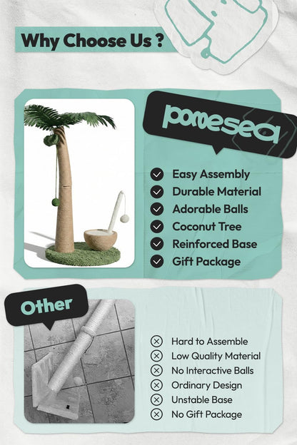 33" Tall Cat Scratching Post, Natural Jute Cat Scratcher for Indoor Cats,Coconut Tree & Straw Design with Hanging Toy Ball & Rest Platform,Stable Furniture Protector for Kittens & Adult Cats,M6