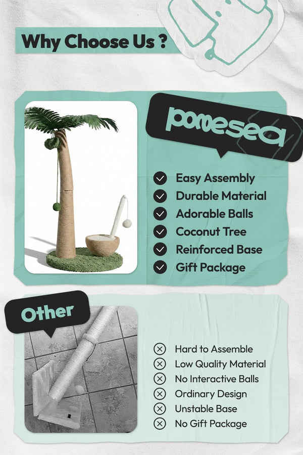 33" Tall Cat Scratching Post, Natural Jute Cat Scratcher for Indoor Cats,Coconut Tree & Straw Design with Hanging Toy Ball & Rest Platform,Stable Furniture Protector for Kittens & Adult Cats,M6