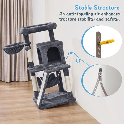 Yaheetech Cat Tree Tower, 40-Inch Condo with Hammock, Oversized Soft Platform, Scratching Board, Basket, Pet Beds & Furniture for Large Kittens, Dark Gray | Roomy Top Perch Lets Big Cats Lounge and Survey the Room, plus a Sturdy Multi-Level Design, Cozy Condo and Soft Plush9
