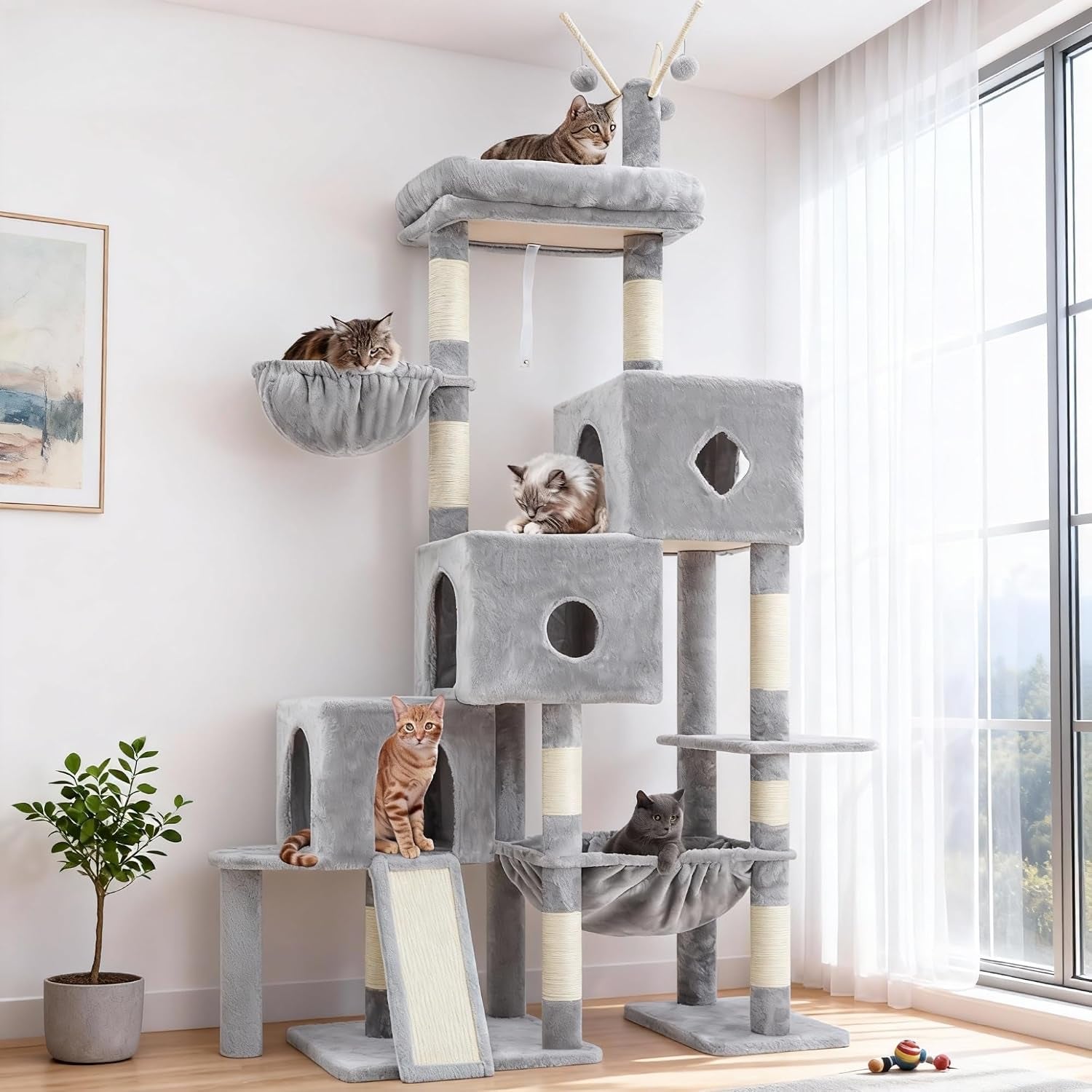 hey-brother-cat-tree-tower-with-3-condos-step-climbing-pathway-mpj081g-74-8-inches-scratching-post-with-3-house-hammock-large-basket-cozy-bed-sisal-board-toys-for-big-indoor-cats-smoky-gray