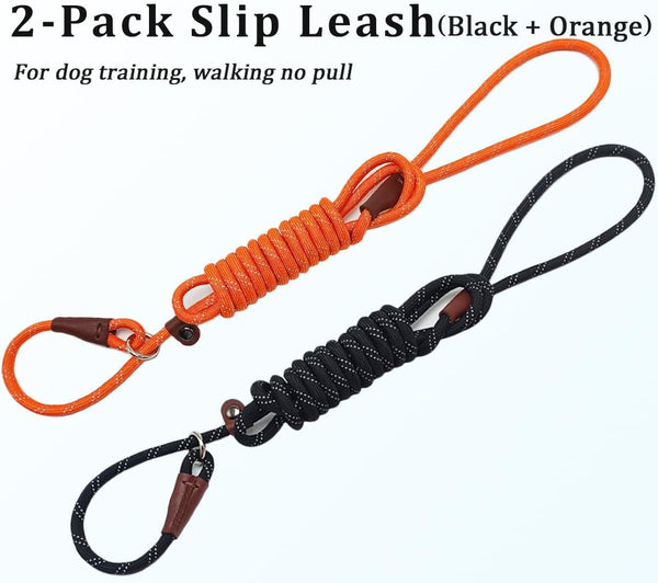 Wyuze 8FT Slip Lead Dog Leash Adjustable Slip Collar Puppy Training Lead | 2 Pack 1/3" Reflective Rope Leash, Lightweight Easy Use for Small Medium Dogs, No-Pull Walking, Black Orange2