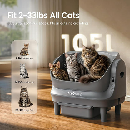 Self Cleaning Litter Box, Open Top 105L Automatic Litter Box for Multiple Cats, App Control, Safety Sensor, Anti-Pinch, Includes Mat & Liner - Gray2