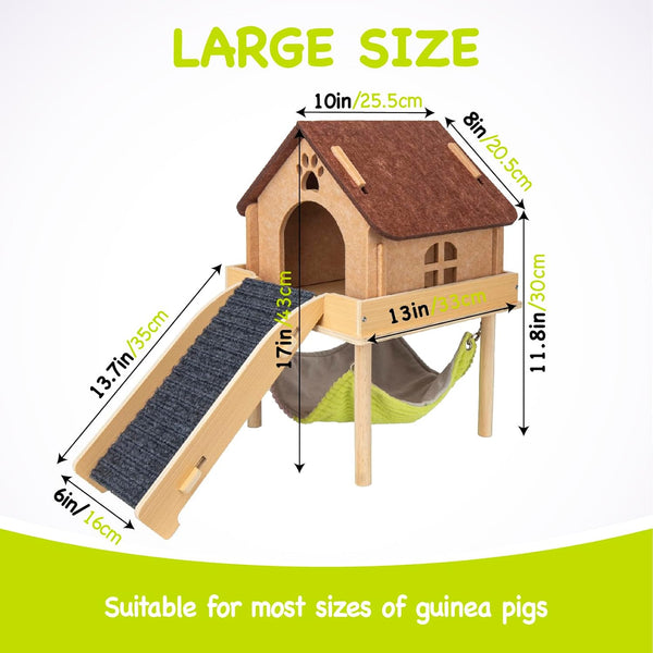 BESNEW 3 in 1 Enlarged Guinea Pig Hammock,Wooden Guinea Pig Hideout with House & Platform & Stairs Small Animal Toys for Hiding Sleeping Activities4