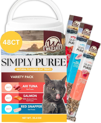 Wild Eats Simply Puree Variety Pack Cat Treats Tub, 48 Servings, Grain Free | All Natural High Protein Recipe, No Artificial Additives, Smooth Lickable Texture, Easy Individual Portions for Happy Felines1