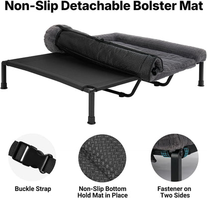 Veehoo Fluffy Plush Double Dog Couch Bed for Two Large Dogs, Washable Elevated Dog Beds with Removable Bolster Cushion, Cooling Raised Pet Cot with Breathable Mesh, No-Slip Feet, 59 X 37 Inches, Grey4