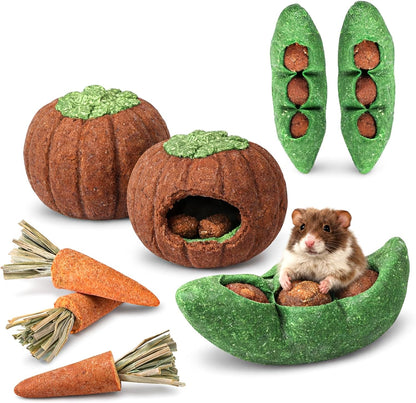 HERCOCCI 8Pcs Guinea Pig Chew Toys, Hamster Toys Prevent Excessive Teeth Growth Natural Vegetables Carrot and Timothy Grass for Guinea Pig Rabbit Chinchillas Gerbil1