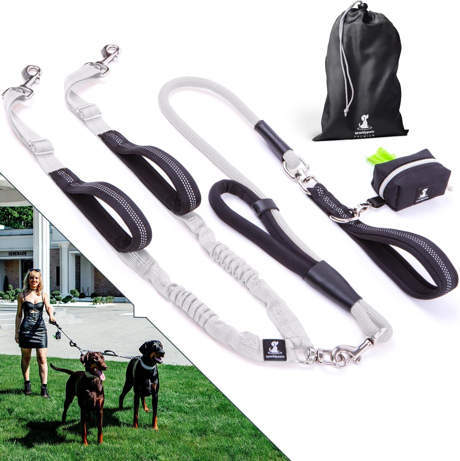 sparklypets-double-dog-leash-for-2-dogs-rope-bungee-dual-leash-for-medium-and-large-breeds-with-padded-handles-tangle-free-teal-medium-large