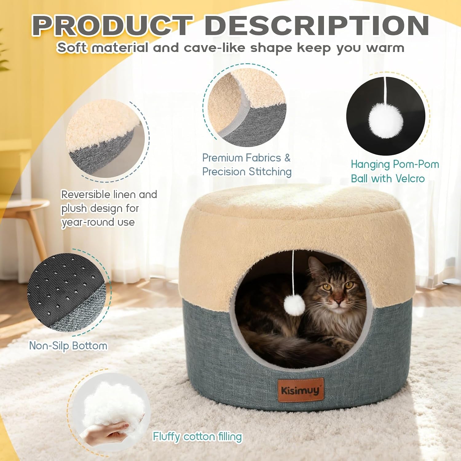 2-in-1-foldable-cat-bed-for-indoor-cats-cat-cave-sofa-bed-15-7d-x-13h-reversible-plush-linen-cushion-enclosed-cat-bed-hanging-cat-toys-non-slip-small-cat-house-grey