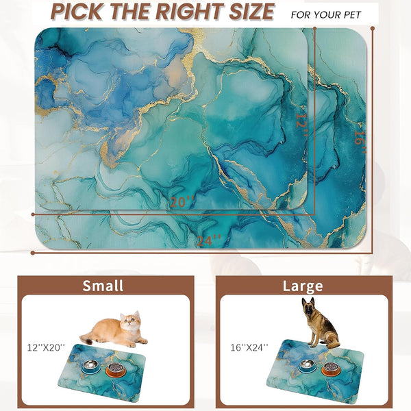 Marble Dog Cat Food Mat,Blue Teal Turquoise Gold Absorbent Pet Feeding Mat with Rubber Backing,Non-Slip Water Bowl Placemat,Indoor Pet Accessories Supplies 12"X20"2