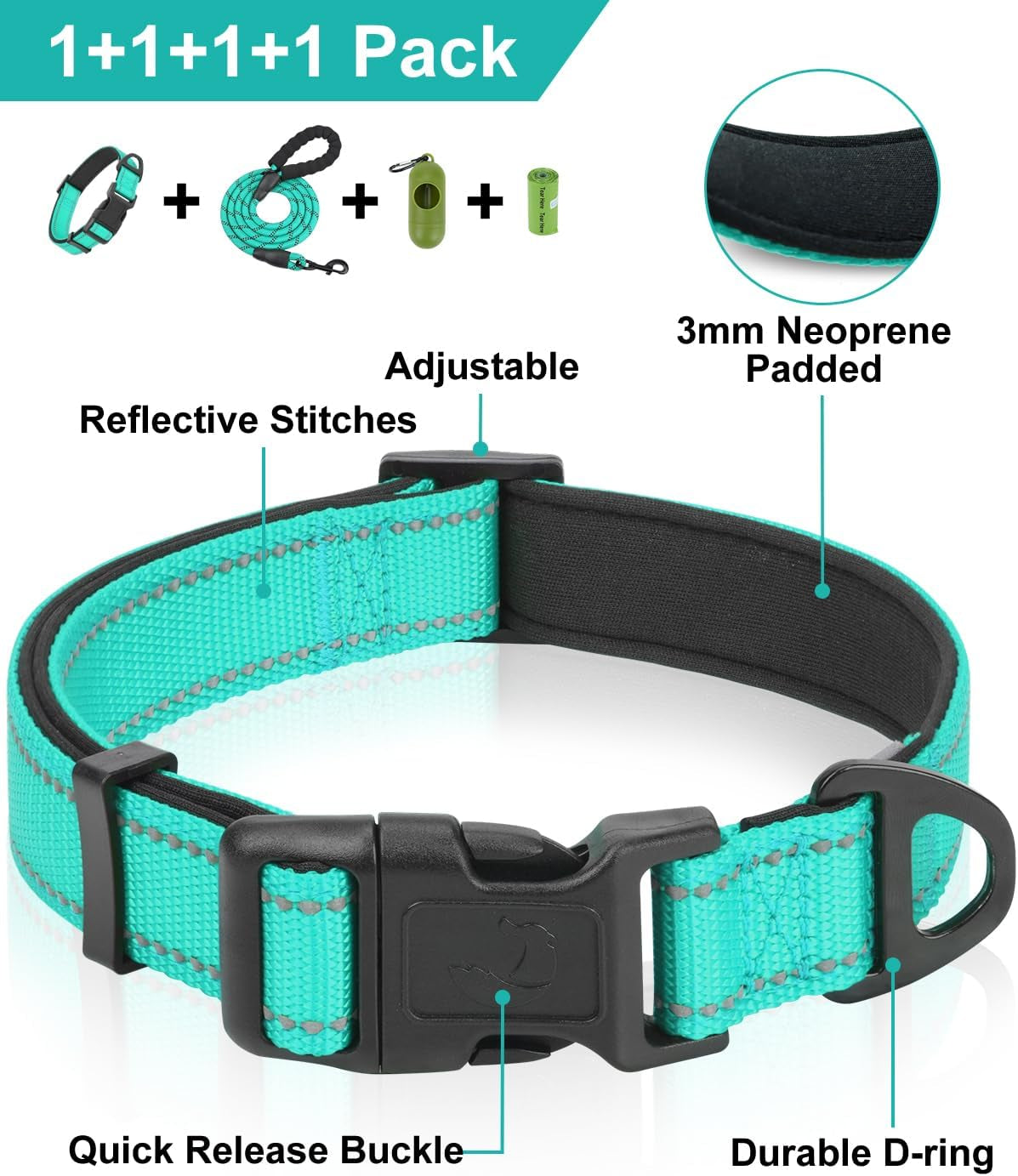 dynmeow-reflective-dog-collar-and-leash-set-for-large-dogs-teal-soft-neoprene-padded-6ft-climbing-rope-ideal-for-daily-outdoor-walking-or-indoor-wearing-night-visible-for-safety