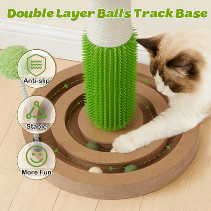 Cat Scratching Post, 26" Tall Scratch Post with Hanging Toy for Indoor Cats | Sisal Cat Scratcher Post with Grooming Brush, Double-Layer Interactive Wooden Ball Track, for Small Cats and Kittens Play2