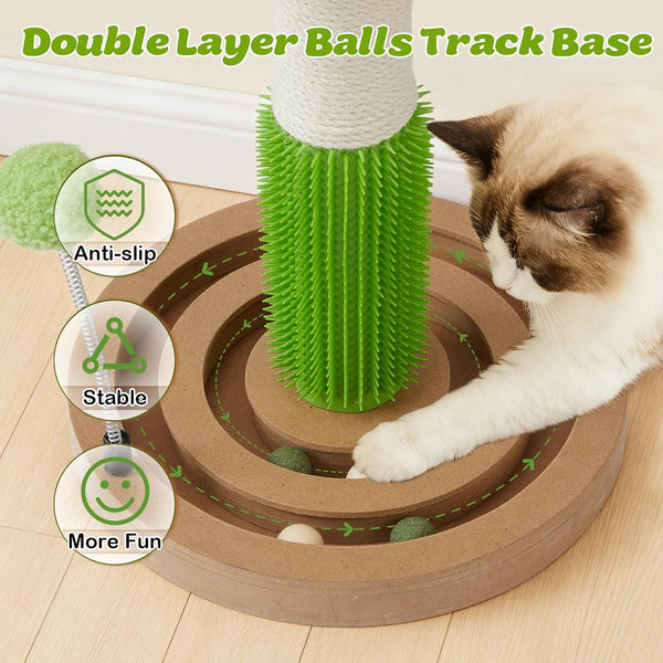Cat Scratching Post, 26" Tall Scratch Post with Hanging Toy for Indoor Cats | Sisal Cat Scratcher Post with Grooming Brush, Double-Layer Interactive Wooden Ball Track, for Small Cats and Kittens Play2