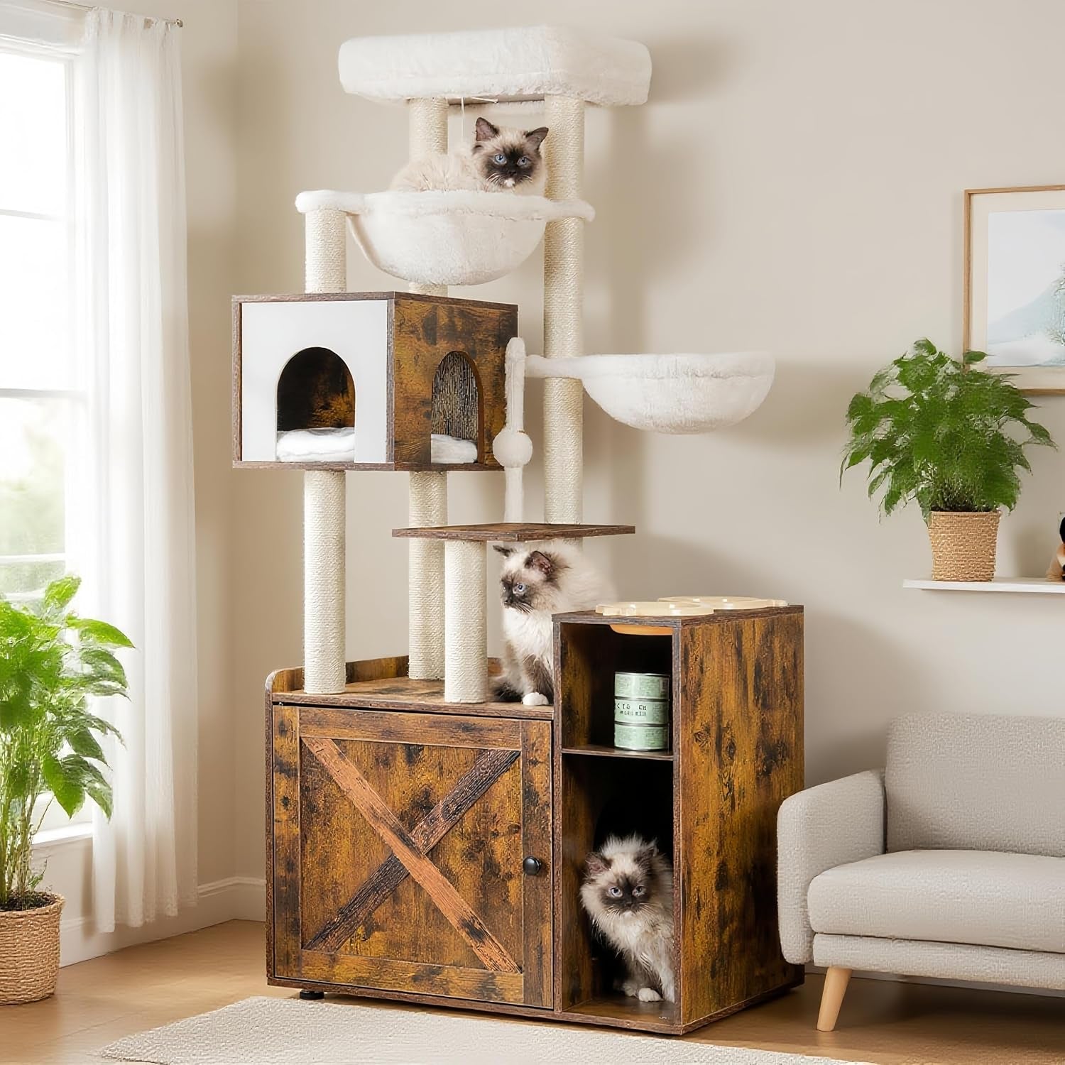 hey-brother-cat-tree-tower-food-station-xl-litter-box-enclosure-mpj101sg-48-81-inches-wooden-all-in-one-cat-furniture-large-hammock-bed-scratching-posts-big-basket-for-indoor-cats-rustic-gray