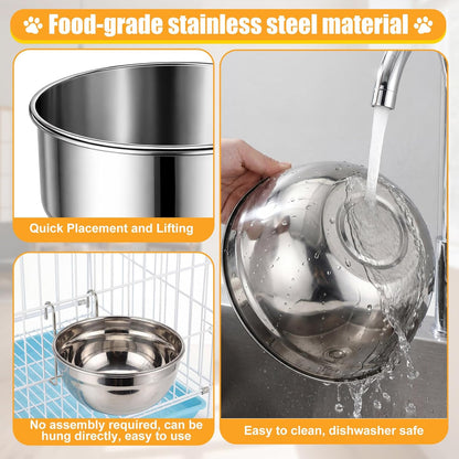 Zhehao 4 Pack Hanging Dog Water and Food Bowls for Kennel Cage, No Spill Dog Crate Water Bowl, Stainless Steel Bowls Dish for Dogs Crate Cage Accessories (35Oz & 50Oz & 65Oz)3