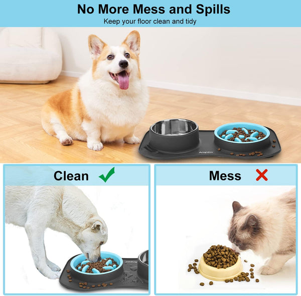 Anipaw Slow Feeder Dog Bowls 3 in 1 Stainless Steel Food and Water Bowls with Non-Spill and Skid Silicone Mat to Slow down Eating for Large Medium Small Breed Size Dogs and Cats | Durable, Non-Spill & Non-Skid with Silicone Mat Design, Slow down Eating, Suitable for Small Medium Large Dogs and Cats4
