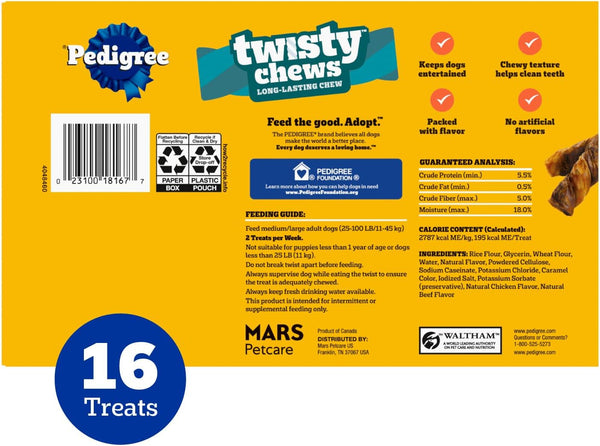 Pedigree Twisty Chews Medium/Large Dog Treats, Chicken & Beef, 16 Count | Long-Lasting Dental Chews, Rawhide-Free, Twisted Design, Helps Clean Teeth, Easy to Digest, Includes 4 Packs of 4 Treats9