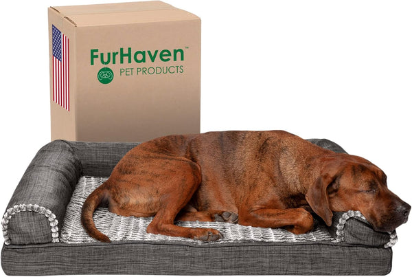 Furhaven Memory Foam Dog Bed for Medium/Small Dogs W/ Removable Bolsters & Washable Cover, for Dogs up to 35 Lbs - Luxe Faux Fur & Performance Linen Sofa - Woodsmoke, Medium20