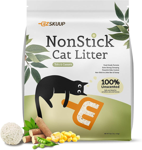 EZSKUUP Non-Stick Bottom Tofu Cat Litter Mix Cassava, Strong Clumping Low Tracking Kitty Litter, Natural Biodegradable Litter, Plant Odor Control, Low Dust Easy to Scoop, 9Lb1