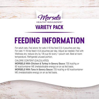 Wellness Healthy Indulgence Morsels Variety Pack Adult Wet Cat Food, Natural, Protein Rich, Grain Free, 2 Flavors, 3 Oz, Pack of 8 Pouches8