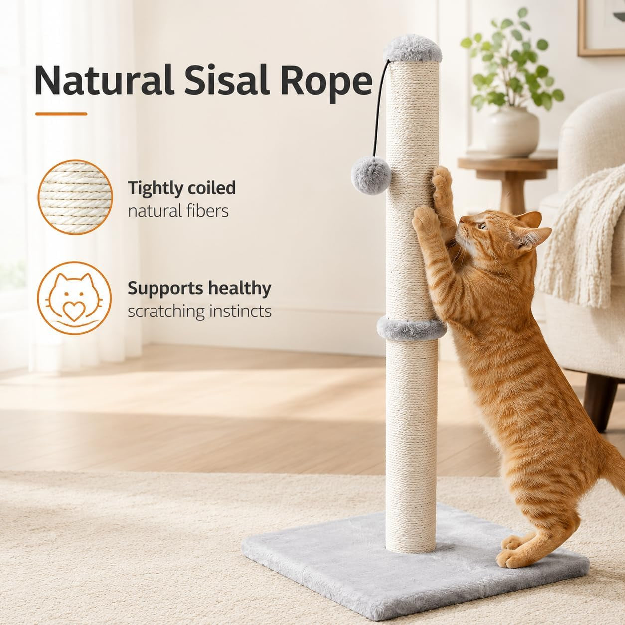 dimaka-29-height-tall-cat-scratching-post-claw-scratcher-with-sisal-rope-and-covered-with-soft-smooth-plush-vertical-scratch-full-strectch-for-standard-size-catsgrey-29-inches-for-all-cats