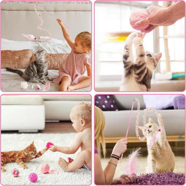 MALLMALL6 10Pcs Cat Toy Set Interactive Cat Toys Pack Including Feather Teaser Wand Cat Springs Mice Crinkle Balls and Pet Bell Balls, Puzzle Toys for Indoor Cats Gift (Pink)4