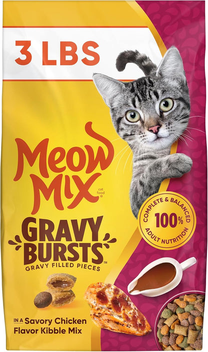 Meow Mix Gravy Bursts Dry Cat Food, 3 Lb Bag | Crunchy Cat Kibble, Gravy Filled Pieces, 100% Complete & Balanced Nutrition for Adult Cats, High Quality Protein1