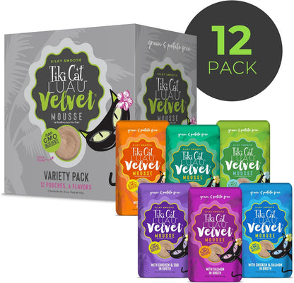 Tiki Cat Velvet Mousse, Protein Blend in Broth Variety Pack, Complete Nutrition for Balanced Diet, Wet Cat Food for All Life Stages, 2.8 Oz. Pouch (Pack of 12)2