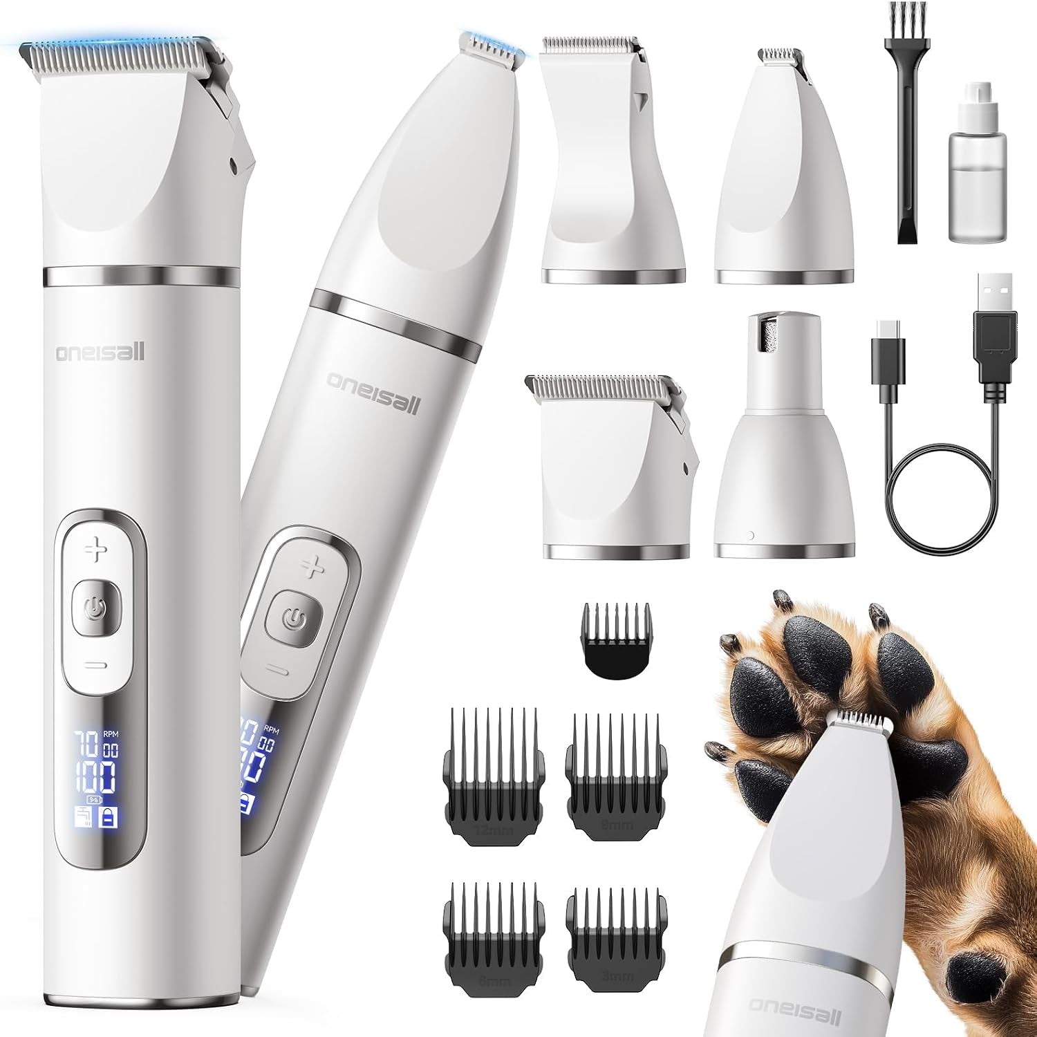oneisall-4-in-1-dog-grooming-kit-with-lcd-display-paw-hair-trimmer-nail-grinder-rechargeable-cordless-low-noise-ipx7-waterproof-3-speeds-pet-grooming-clippers