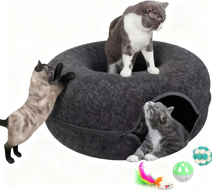 Cat Donut Tunnel Bed for Indoor Cats - Peekaboo Cat Cave, Detachable Felt, Washable, Interactive Play & Cozy Rest Space for Multiple Cats (Dark Gray)1
