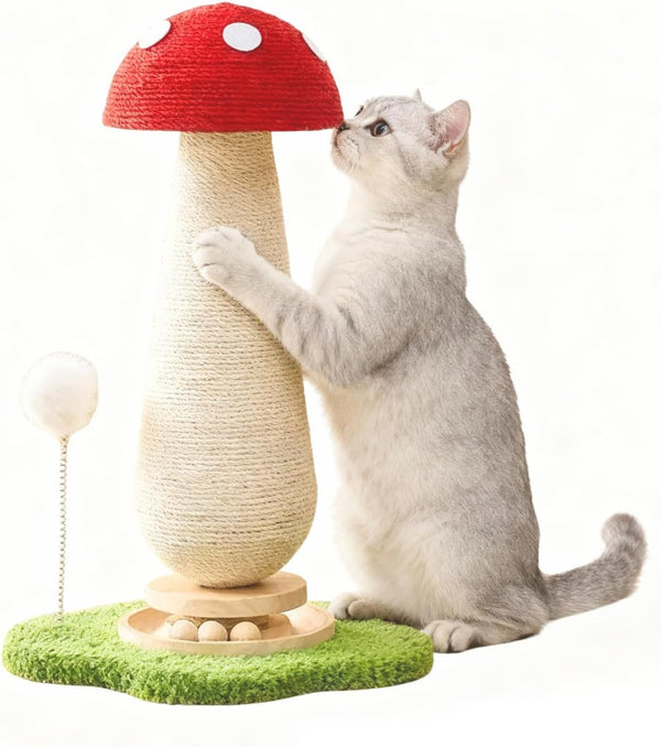 Mushroom Cat Scratcher Tower, Interactive Ball Track Spring Ball Cat Scratching Post, Sisal Kitty Activity Center for Indoor Cats & Kittens, Sturdy Wide Base 25.2 Inch - Red1