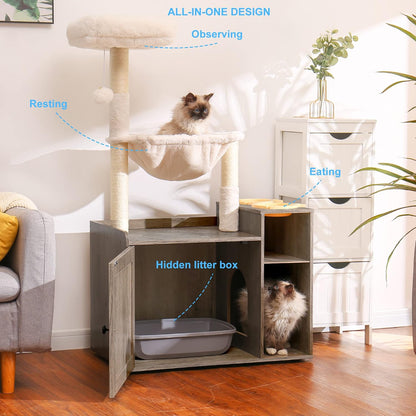 Hey-Brother Cat Tree Tower, Food Station, XL Litter Box Enclosure, MPJ101SG | 48.81 Inches Wooden All-In-One Cat Furniture, Large Hammock, Bed, Scratching Posts, Big Basket for Indoor Cats, Rustic Gray2