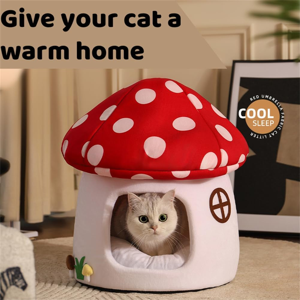 lyfjmus-mushroom-cat-bed-for-indoor-cats-mushroom-cow-shape-cat-cave-bed-cat-tent-with-removable-washable-cushion-pillow-cat-house-bed-for-cats-small-dogs