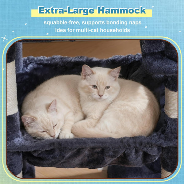 Hey-Brother Cat Tree Tower with 3 Condos, Step Climbing Pathway MPJ081G | 74.8 Inches Scratching Post with 3 House, Hammock, Large Basket, Cozy Bed, Sisal Board, Toys for Big Indoor Cats, Smoky Gray6