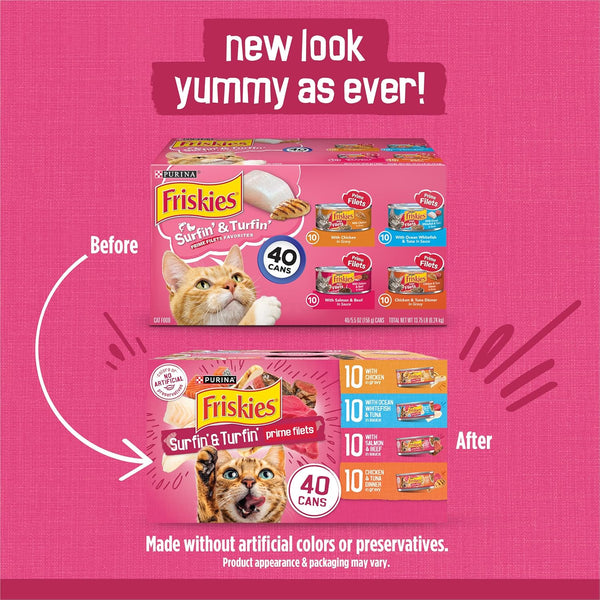Purina Friskies Gravy Wet Cat Food Variety Pack, Surfin’ and Turfin’ Prime Filets Favorites - (Pack of 40) 5.5 Oz. Cans2