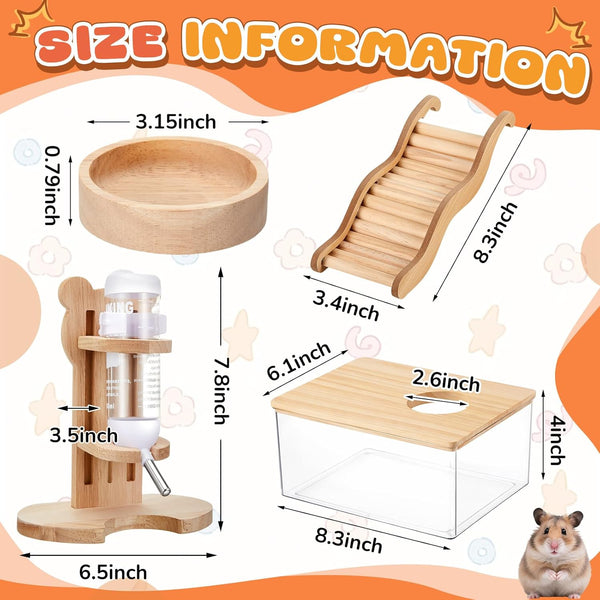 4 Pcs Hamster Cage Accessories Water Bottle Set,Rectangle | Hamster Sand Bath Box Feeding Bowl Climbing Toy Wooden Ladder Bridge Set for Rat Mice Small Animals Habitat Decor Enrichment3