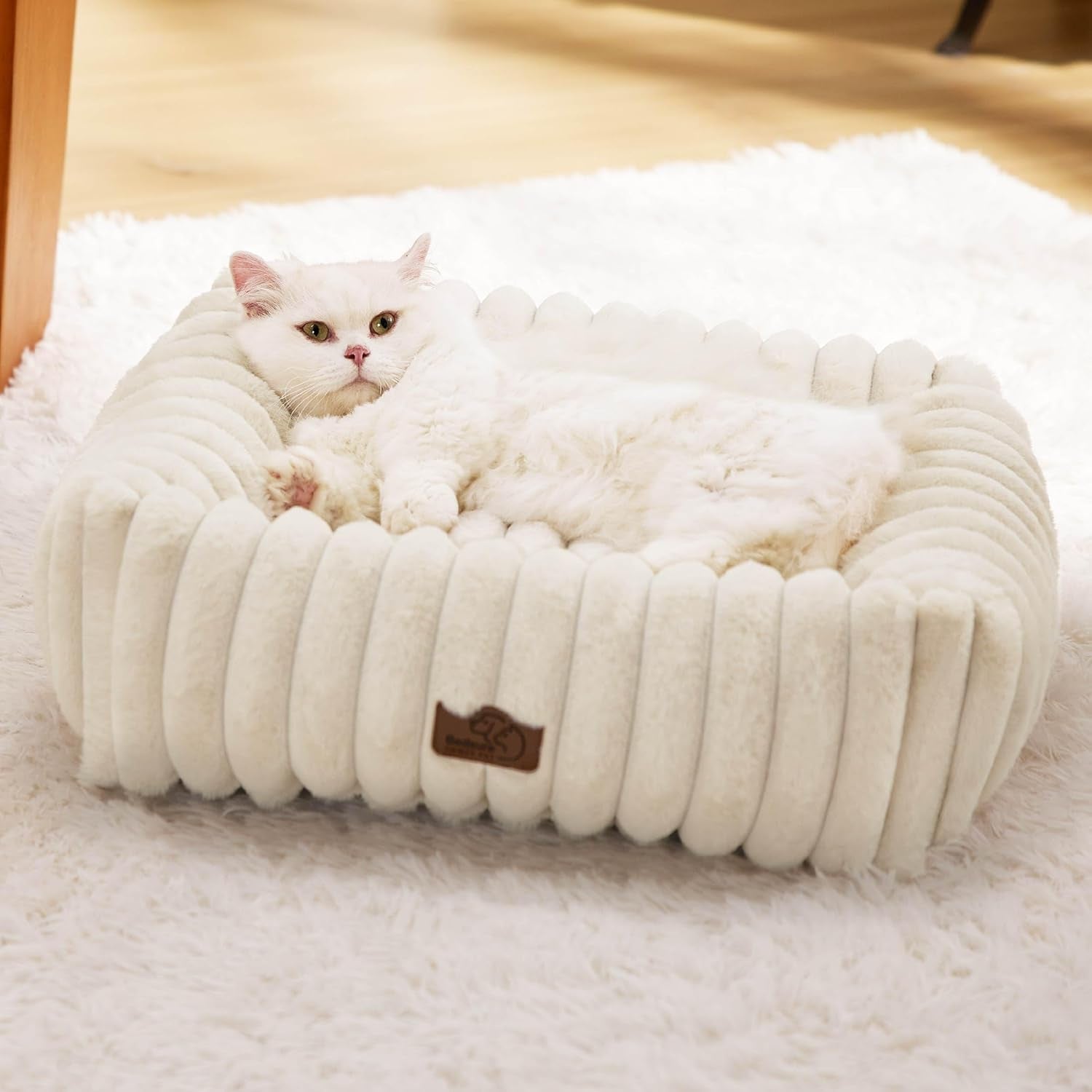 bedsure-comfyfleece™-cute-dog-bed-for-small-medium-dogs-washable-25in-cream-furry-puppy-beds-square-rectangle-orthopedic-corduroy-aesthetic-pet-beds-removable-zipper-cover-non-slip-bottom-up-to-15-lbs