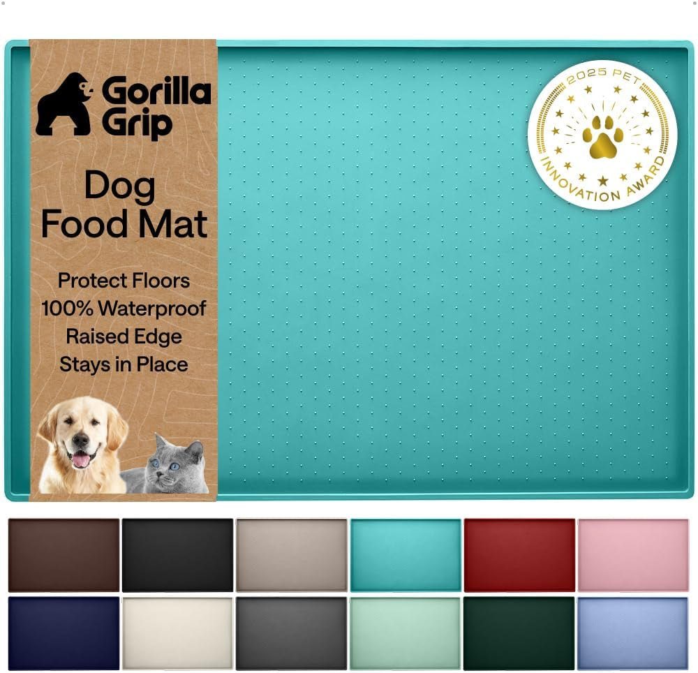 gorilla-grip-100-waterproof-raised-edge-bpa-free-silicone-pet-feeding-mat-dog-cat-food-mats-contain-spills-protects-floors-placemats-for-cats-and-dogs-water-bowl-18-5x11-5-gray